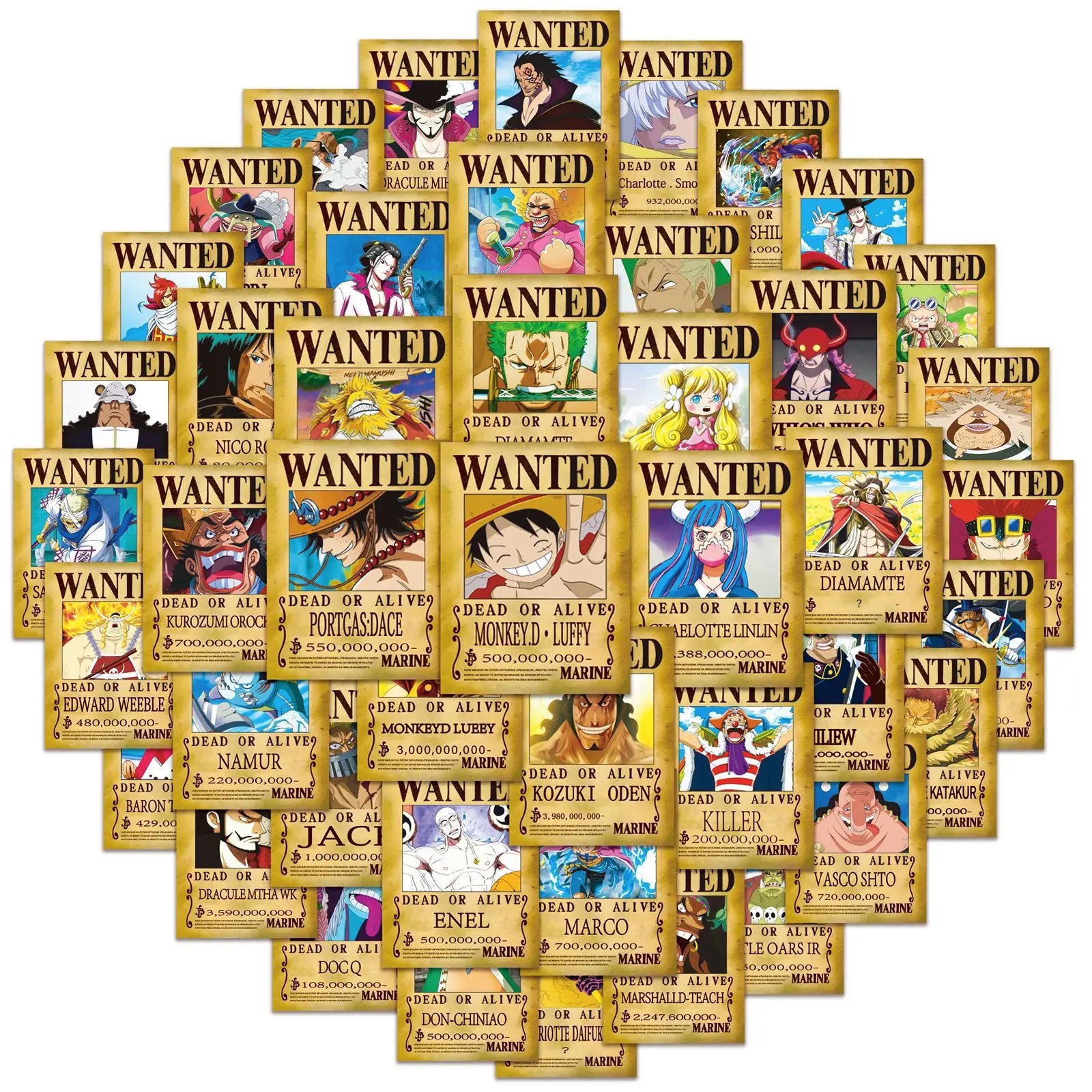 One Piece Wanted Posters Stickers (50pcs)