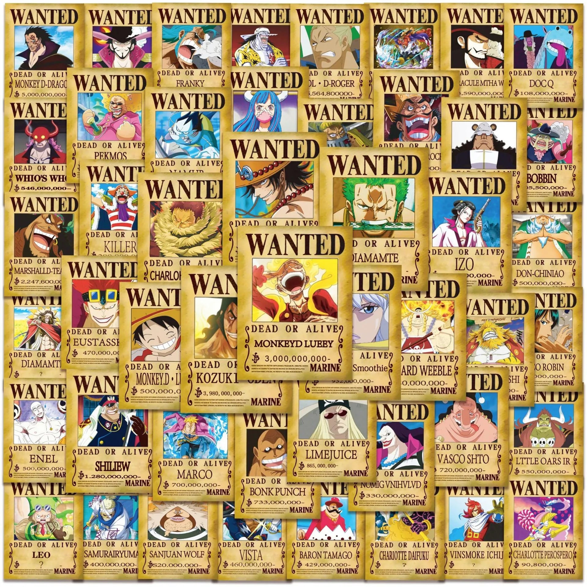 One Piece Wanted Posters Stickers (50pcs)